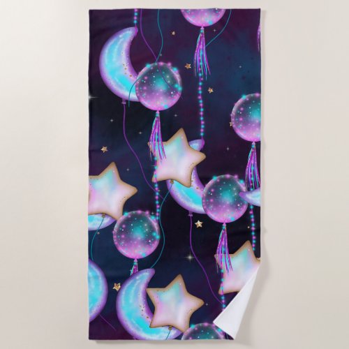 Cosmic Balloons  Blue Purple Moon Stars Planets Beach Towel