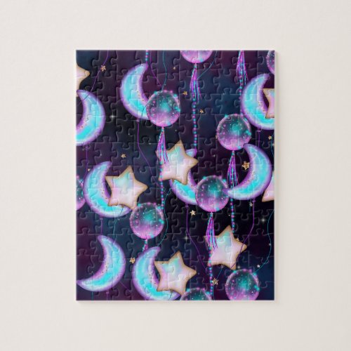 Cosmic Balloons  Blue Purple Moon Stars Planets Jigsaw Puzzle