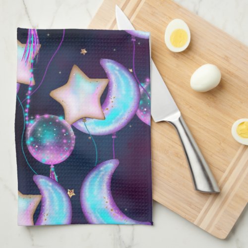 Cosmic Balloons  Blue Purple Moon Stars Planets Kitchen Towel