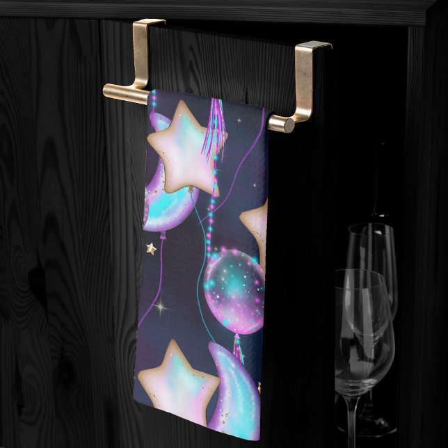 Cosmic Balloons | Blue Purple Moon Stars Planets Kitchen Towel (Creator Uploaded)
