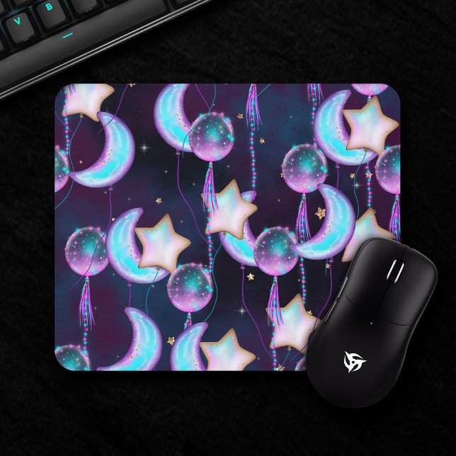 Cosmic Balloons | Blue Purple Moon Stars Planets Mouse Pad (Creator Uploaded)