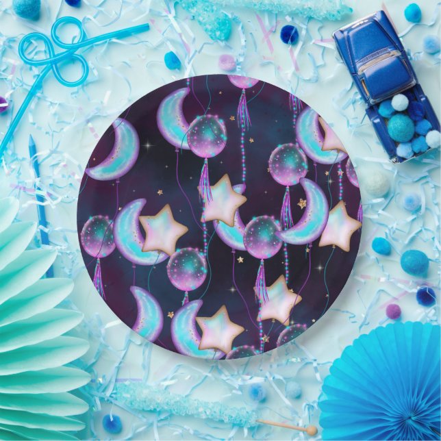 Cosmic Balloons | Blue Purple Moon Stars Planets Paper Plates (Party)