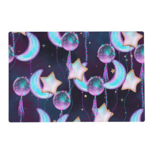 Cosmic Balloons Blue Purple Moon Stars Planets Placemat