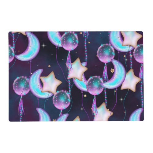 Cosmic Balloons  Blue Purple Moon Stars Planets Placemat