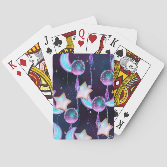 Cosmic Balloons | Blue Purple Moon Stars Planets Poker Cards (Back)