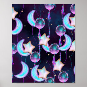 Cosmic Balloons Blue Purple Moon Stars Planets Poster