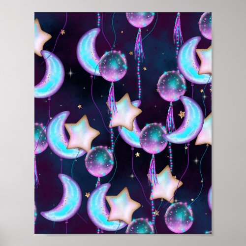 Cosmic Balloons  Blue Purple Moon Stars Planets Poster