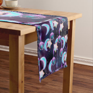 Cosmic Balloons Blue Purple Moon Stars Planets Short Table Runner
