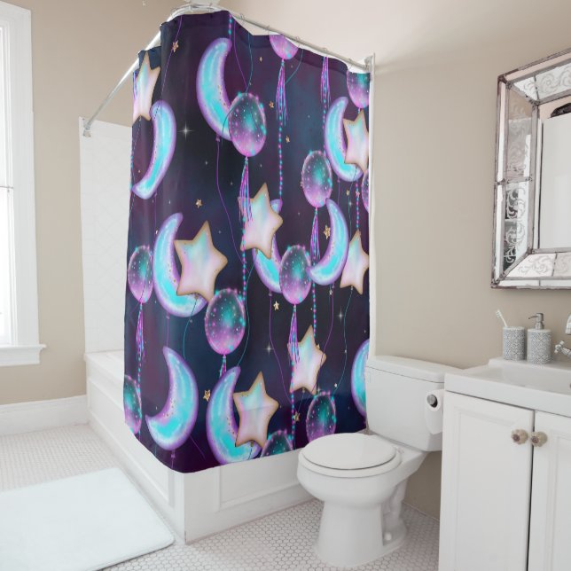 Cosmic Balloons | Blue Purple Moon Stars Planets Shower Curtain (In Situ)