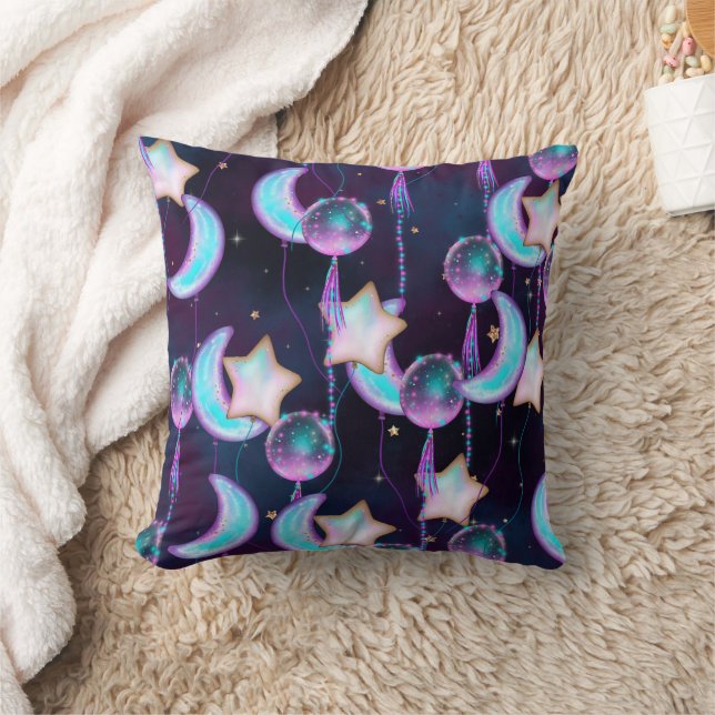 Cosmic Balloons | Blue Purple Moon Stars Planets Throw Pillow (Blanket)