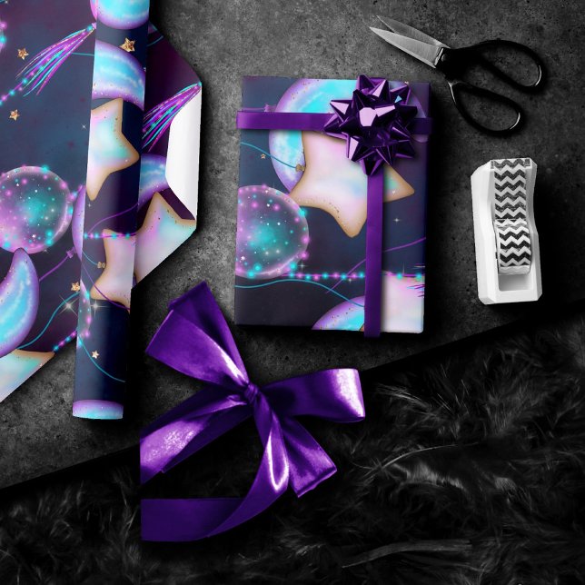 Cosmic Balloons | Blue Purple Moon Stars Planets Wrapping Paper (Creator Uploaded)