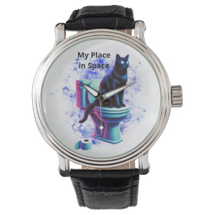 Cosmic Black Cat Toilet – Surreal Vaporwave Art Watch