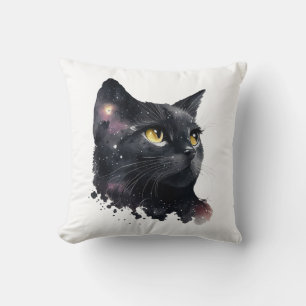 Cosmic Black Cat Watercolor Starry Night Feline Throw Pillow