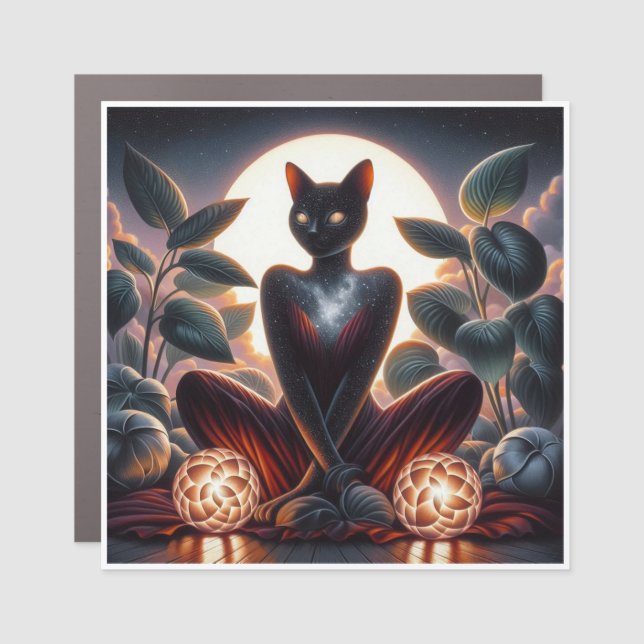 Cosmic Black Cat with Glowing Eyes Surreal Digital Car Magnet (Front)