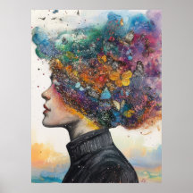 Cosmic Bloom – Whimsical Butterfly-Haired Woman