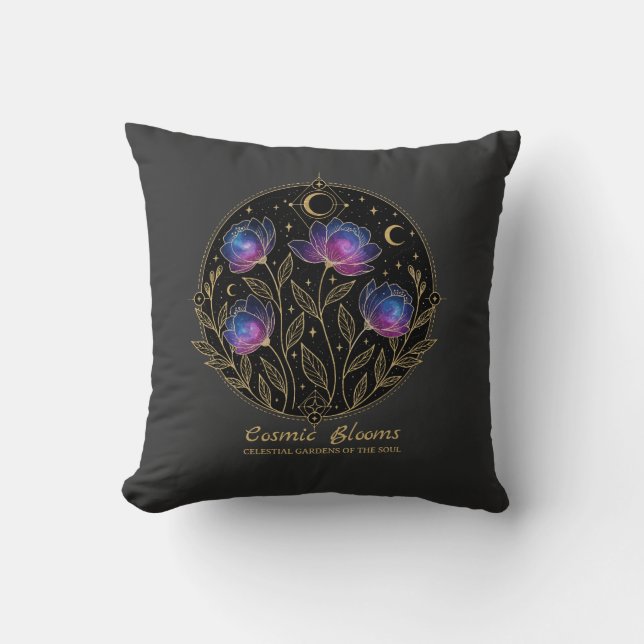 Cosmic Blooms – Celestial Floral Mandala flowers Throw Pillow (Front)