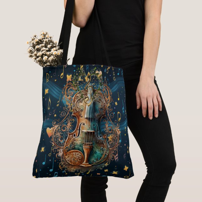 Cosmic Blue and Gold Violin Large Shoulder Tote Bag (Close Up)