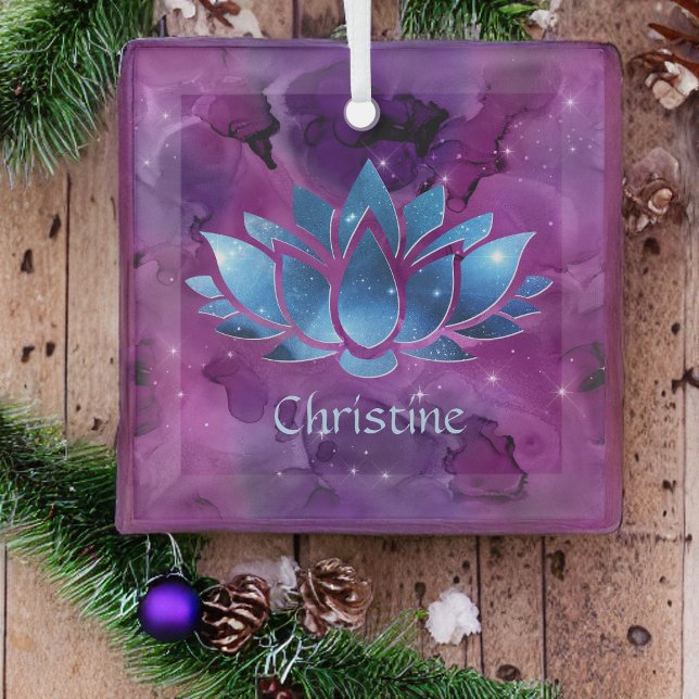Cosmic Blue and Pink Galaxy Lotus Flower with Name Glass Ornament (Creator Uploaded)