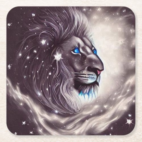 Cosmic Blue Eyed Lion Square Paper Coaster