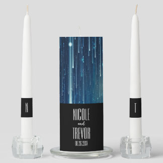 Cosmic Blue Falling Particles Wedding Unity Candle Set