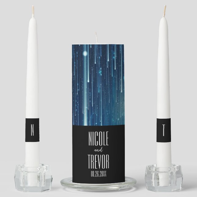 Cosmic Blue Falling Particles Wedding Unity Candle Set (Front)