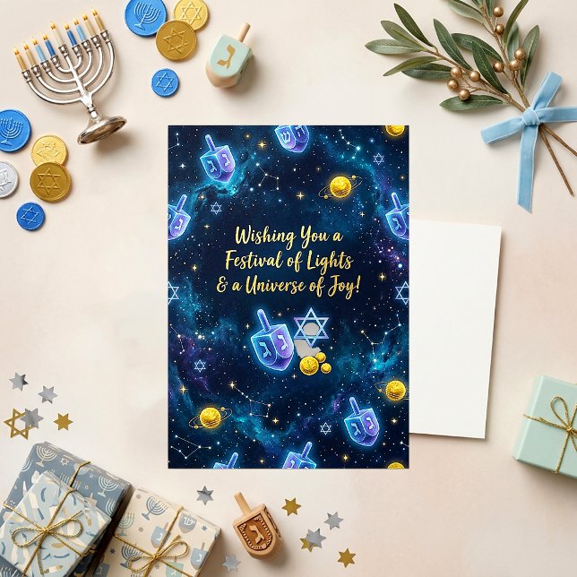 Cosmic Blue Galaxy Hanukkah Dreidel Holiday Card (Creator Uploaded)