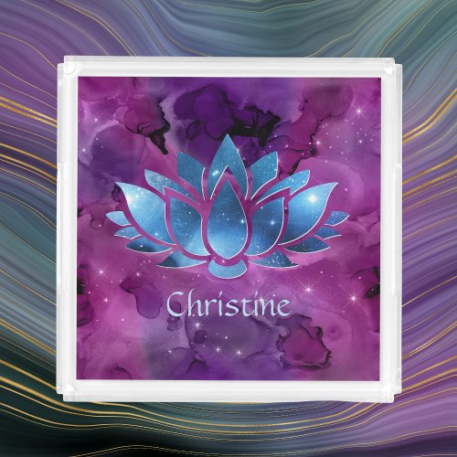 Cosmic Blue Galaxy Lotus Flower with Name Acrylic Tray