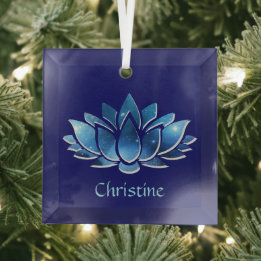 Cosmic Blue Galaxy Lotus Flower with Name Glass Ornament