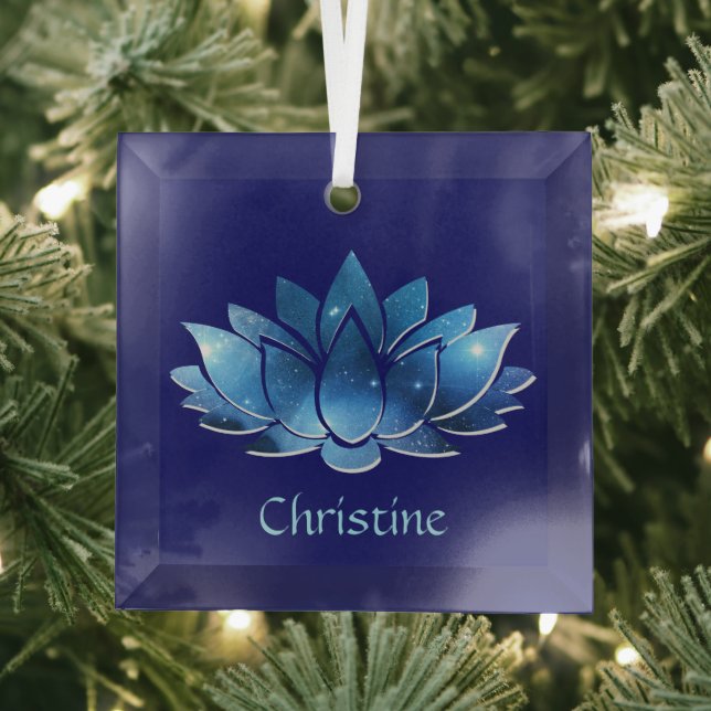 Cosmic Blue Galaxy Lotus Flower with Name Glass Ornament (Insitu)