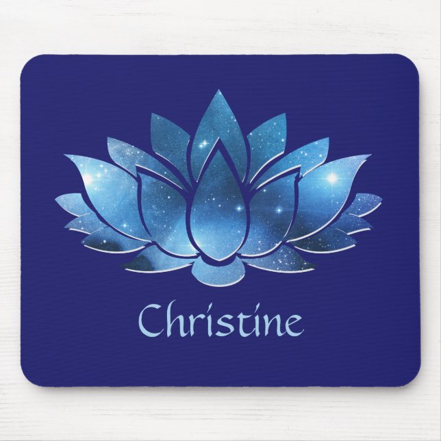Cosmic Blue Galaxy Lotus Flower with Name Mouse Pad (Front)