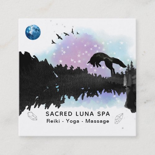 Cosmic Blue Moon Fox Leaping Pine Tree Rainbow Square Business Card