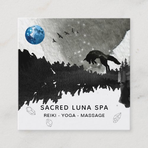  Cosmic Blue Moon Fox Leaping Pine Tree  Square Business Card