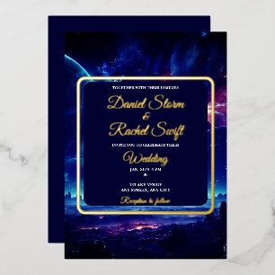 Cosmic Blue Nebula Celestial Union Wedding Foil Invitation