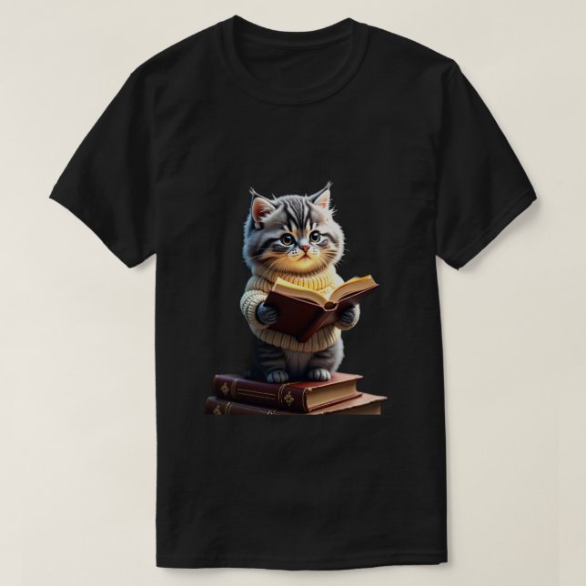 Cosmic Bookworm Cat Reading in Space T-Shirt (Design Front)