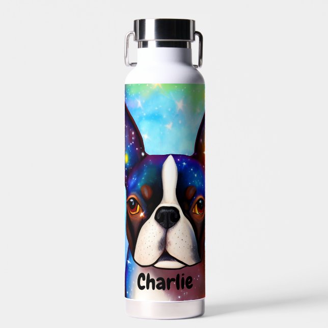 Cosmic Boston Terrier Monogram Water Bottle (Front)