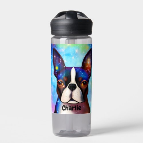 Cosmic Boston Terrier Monogram Water Bottle