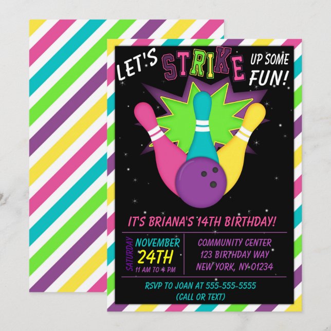 Cosmic Bowling Invitation Girls Birthday Party (Front/Back)