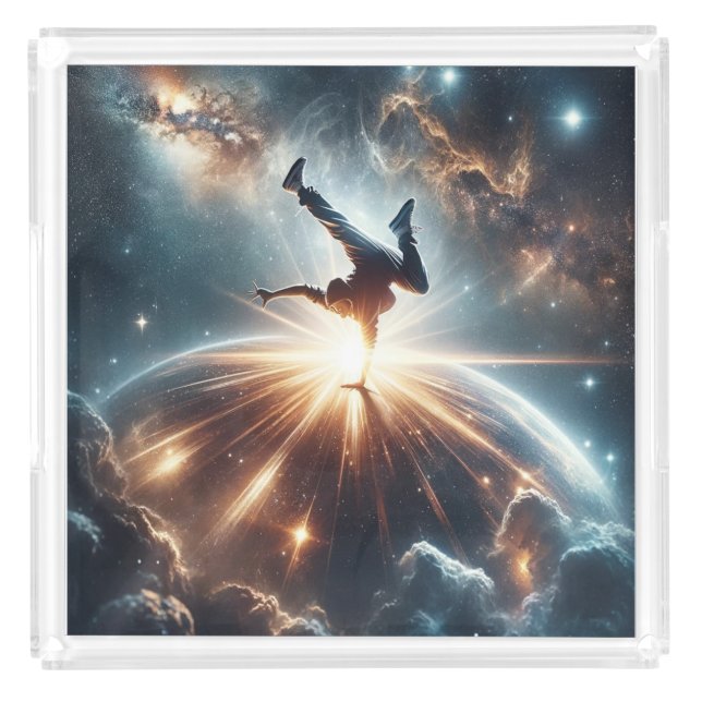 Cosmic Breakdancer Art – Galaxy Hip Hop Dance Acrylic Tray (Front)