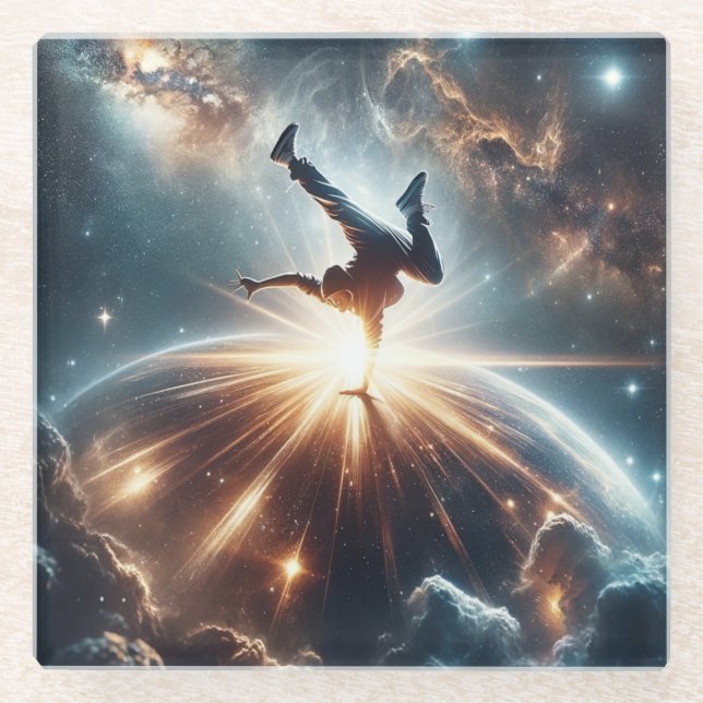 Cosmic Breakdancer Art – Galaxy Hip Hop Dance Glass Coaster (Front)