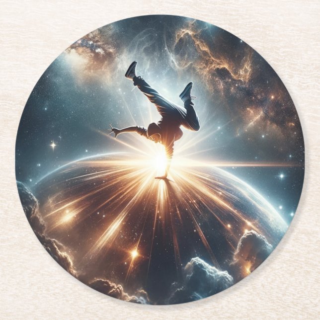 Cosmic Breakdancer Art – Galaxy Hip Hop Dance Round Paper Coaster (Front)