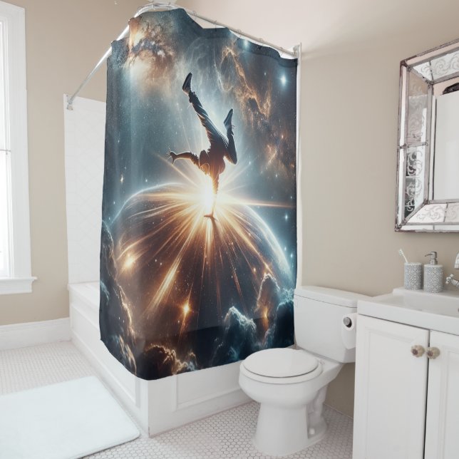 Cosmic Breakdancer Art – Galaxy Hip Hop Dance Shower Curtain (In Situ)