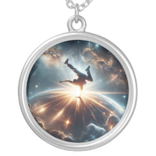 Cosmic Breakdancer Art – Galaxy Hip Hop Dance Silver Plated Necklace