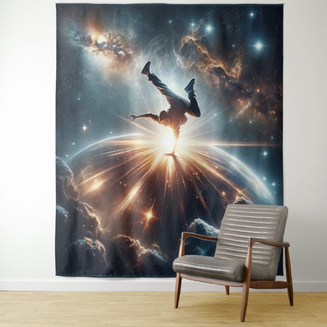 Cosmic Breakdancer Art – Galaxy Hip Hop Dance Tapestry (In Situ)