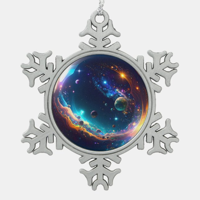 Cosmic Bubble Galaxy Fantasy Art Snowflake Pewter Christmas Ornament (Front)