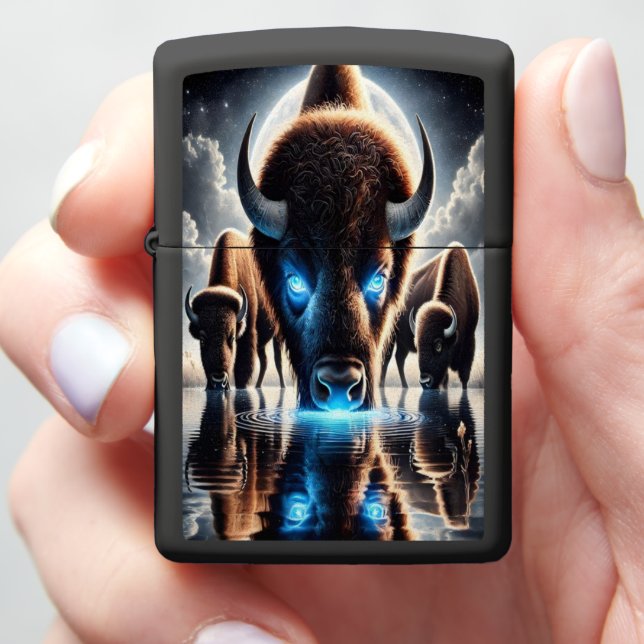 Cosmic Buffalo Bison Reflections Under Night Sky Zippo Lighter (In Hand)