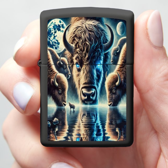Cosmic Buffalo Herd Amid Glowing Reflections Zippo Lighter (In Hand)