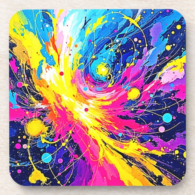 Cosmic Burst: Vibrant Splatter Art Beverage Coaster (Front)
