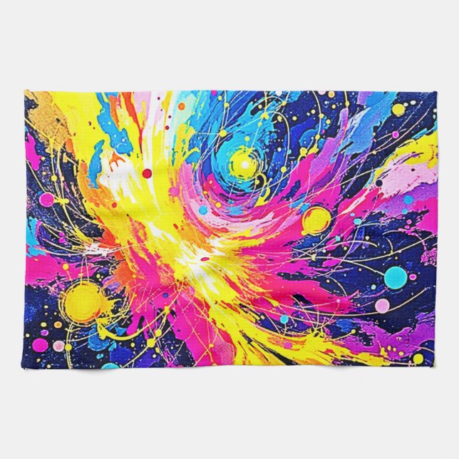 Cosmic Burst: Vibrant Splatter Art Kitchen Towel (Horizontal)