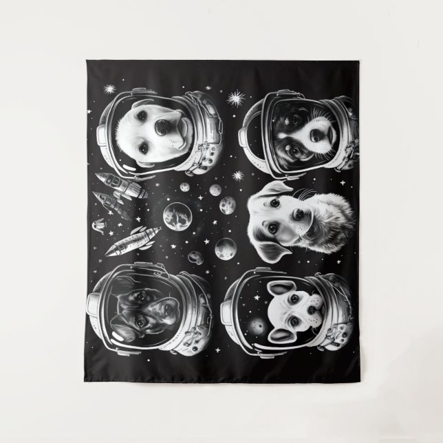 Cosmic Canine Crew: Dogs in Space Helmets Tapestry (Front)