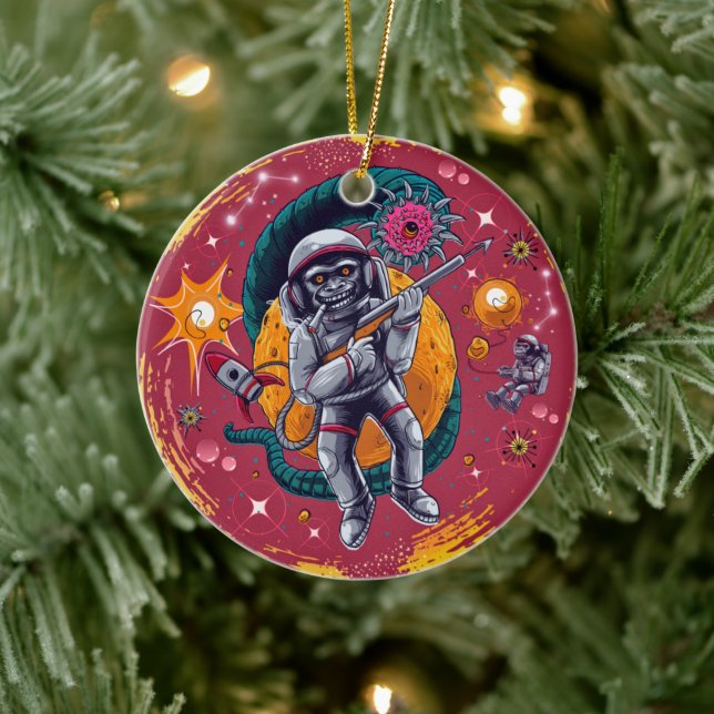 Cosmic Capers: Monkeying Around in Retro Space Ceramic Ornament (Tree)